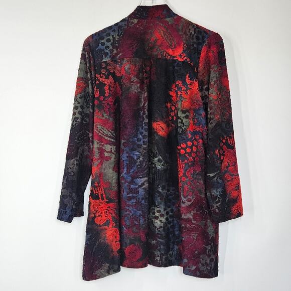Calessa Velour Print Burnout Knit Draped Asymmetric Zip Front Cardigan - Picture 10 of 13